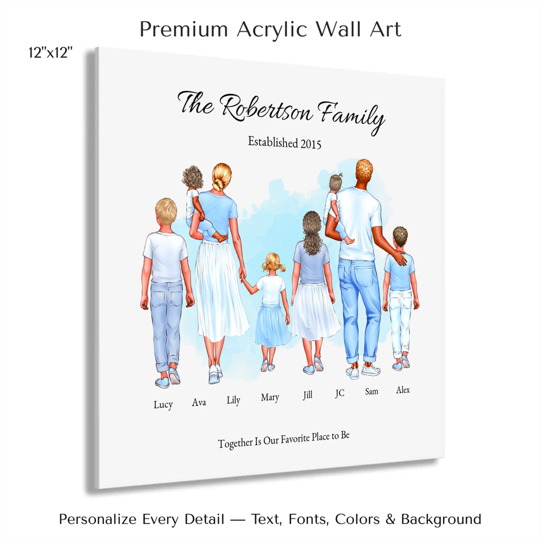 Illustrated custom standing family portrait wall art with up to 8 personalized family members, custom names, outfits, and sentimental text - 12x12 acrylic print with french cleat-ARTFULANE