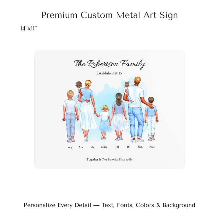Illustrated custom standing family portrait wall art with up to 8 personalized family members, custom names, outfits, and sentimental text - 14x11 metal art sign-ARTFULANE