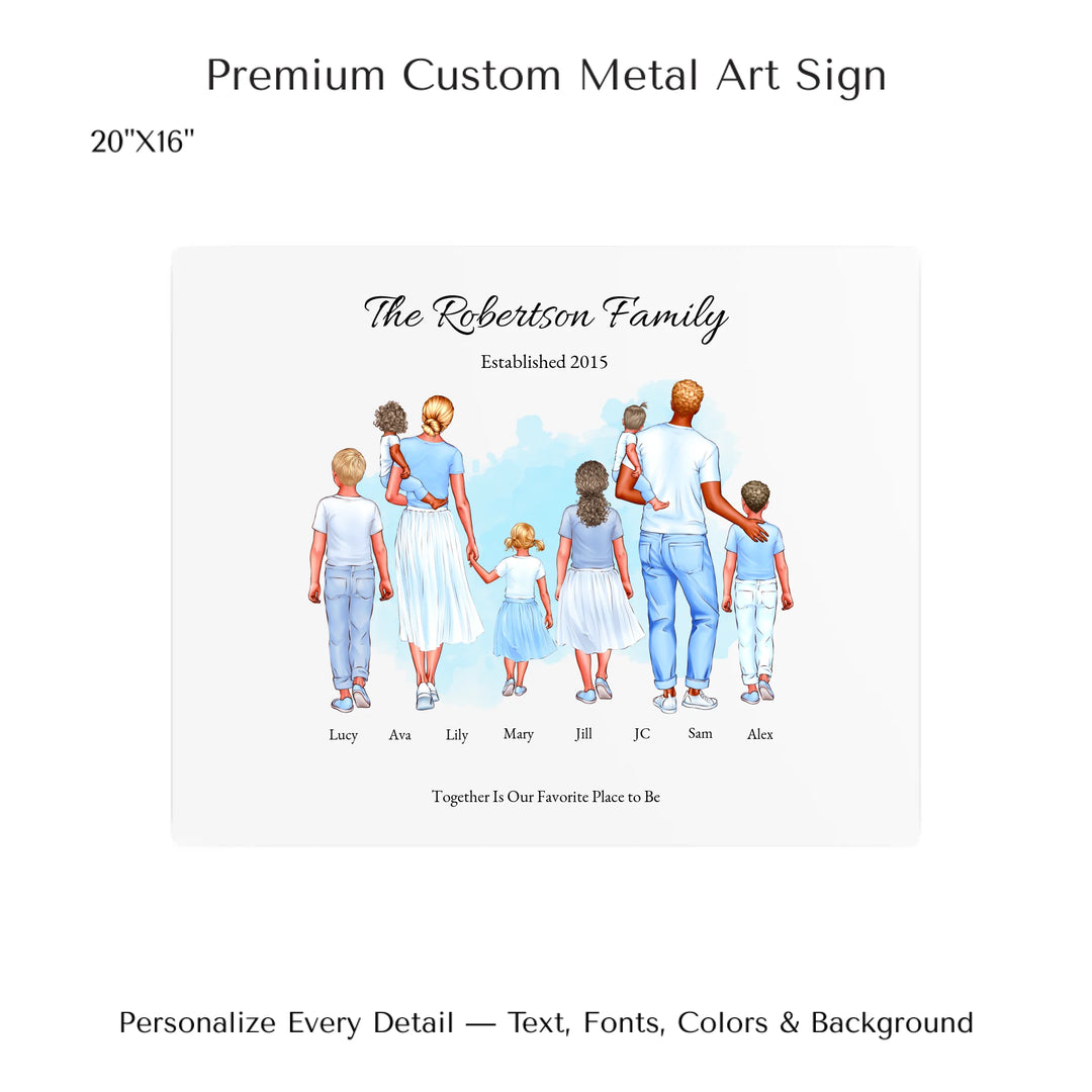 Illustrated custom standing family portrait wall art with up to 8 personalized family members, custom names, outfits, and sentimental text - 20x16 metal art sign-ARTFULANE