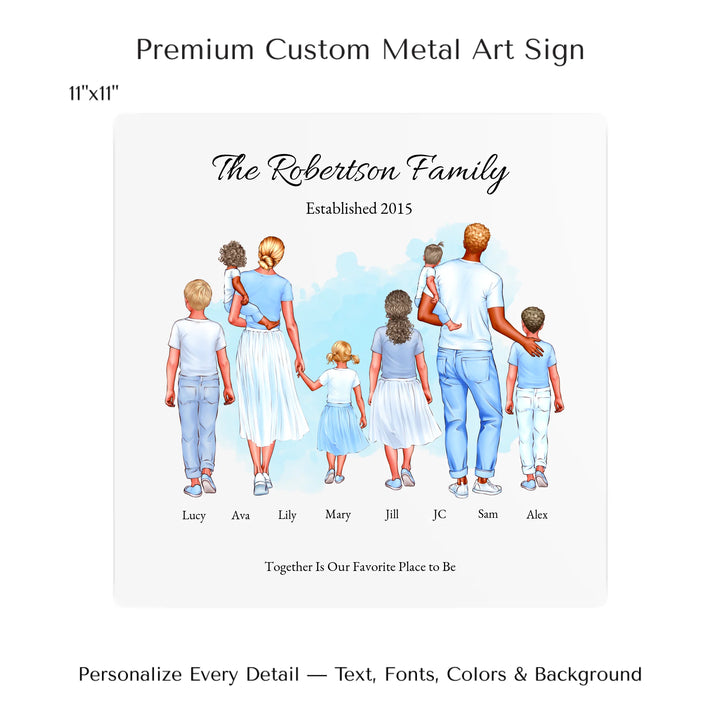 Illustrated custom standing family portrait wall art with up to 8 personalized family members, custom names, outfits, and sentimental text - 11x11 metal art sign-ARTFULANE