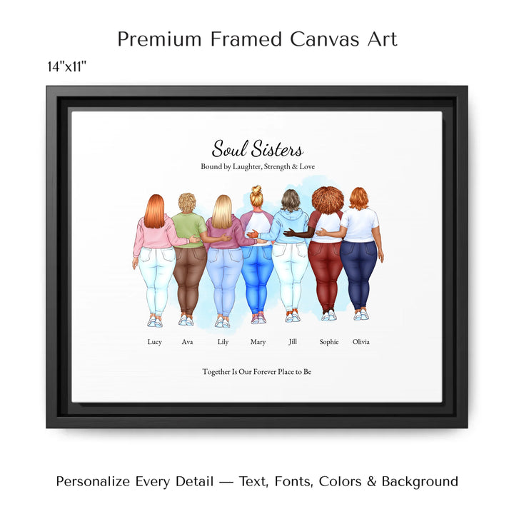 Illustrated custom portrait of friends with 2 to 7 women, personalized skin tones, hairstyles, outfits, watercolor background –14x11 framed canvas-ARTFULANE