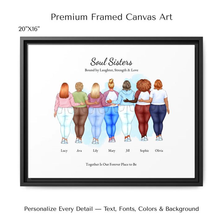 Illustrated custom portrait of friends with 2 to 7 women, personalized skin tones, hairstyles, outfits, watercolor background –20x16 framed canvas-ARTFULANE