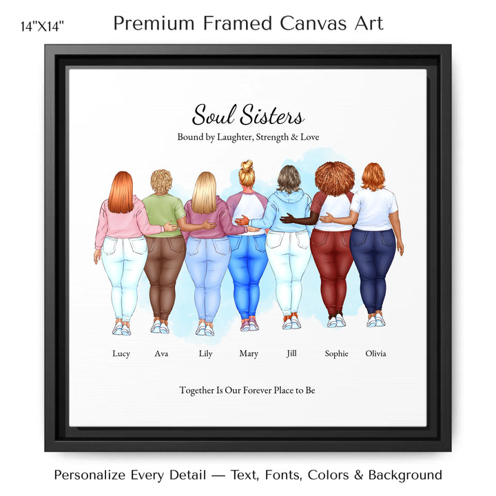 Illustrated custom portrait of friends with 2 to 7 women, personalized skin tones, hairstyles, outfits, watercolor background –14x14 framed canvas-ARTFULANE