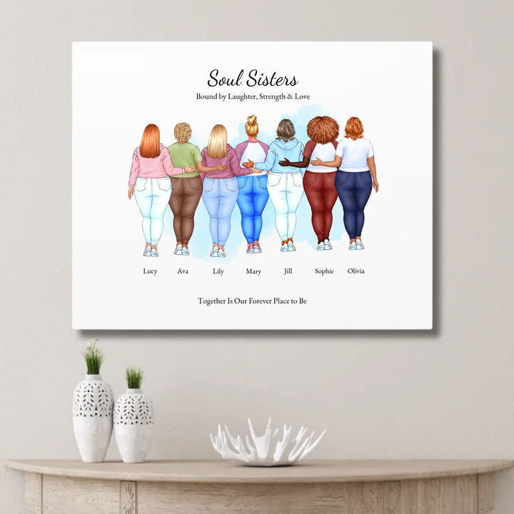 Illustrated custom portrait of friends with 2 to 7 women, personalized skin tones, hairstyles, outfits, watercolor background – unframed canvas on wall-ARTFULANE