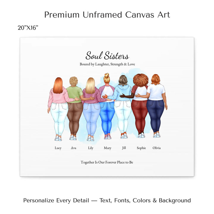 Illustrated custom portrait of friends with 2 to 7 women, personalized skin tones, hairstyles, outfits, watercolor background –20x16 stretched canvas-ARTFULANE