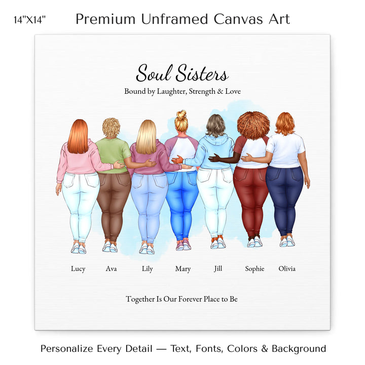 Illustrated custom portrait of friends with 2 to 7 women, personalized skin tones, hairstyles, outfits, watercolor background –14x14 stretched canvas-ARTFULANE