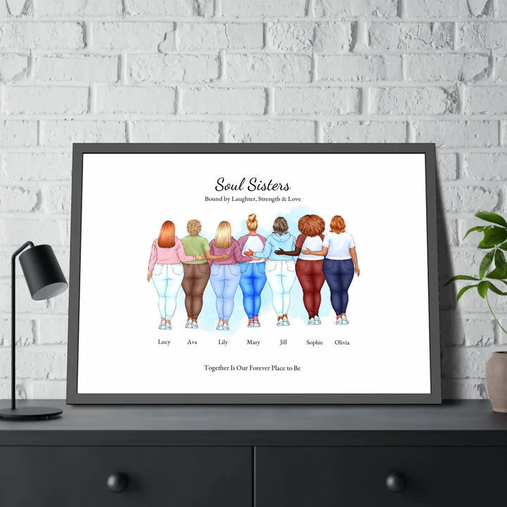 Illustrated custom portrait of friends with 2 to 7 women, personalized skin tones, hairstyles, outfits, watercolor background –framed poster on table-ARTFULANE