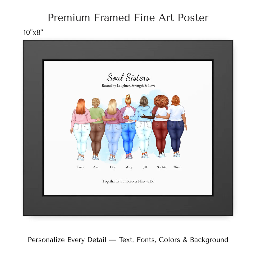 Illustrated custom portrait of friends with 2 to 7 women, personalized skin tones, hairstyles, outfits, watercolor background –10x8 framed poster-ARTFULANE