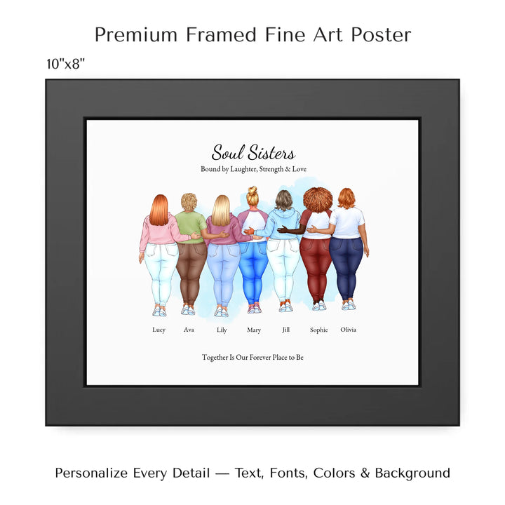Illustrated custom portrait of friends with 2 to 7 women, personalized skin tones, hairstyles, outfits, watercolor background –10x8 framed poster-ARTFULANE