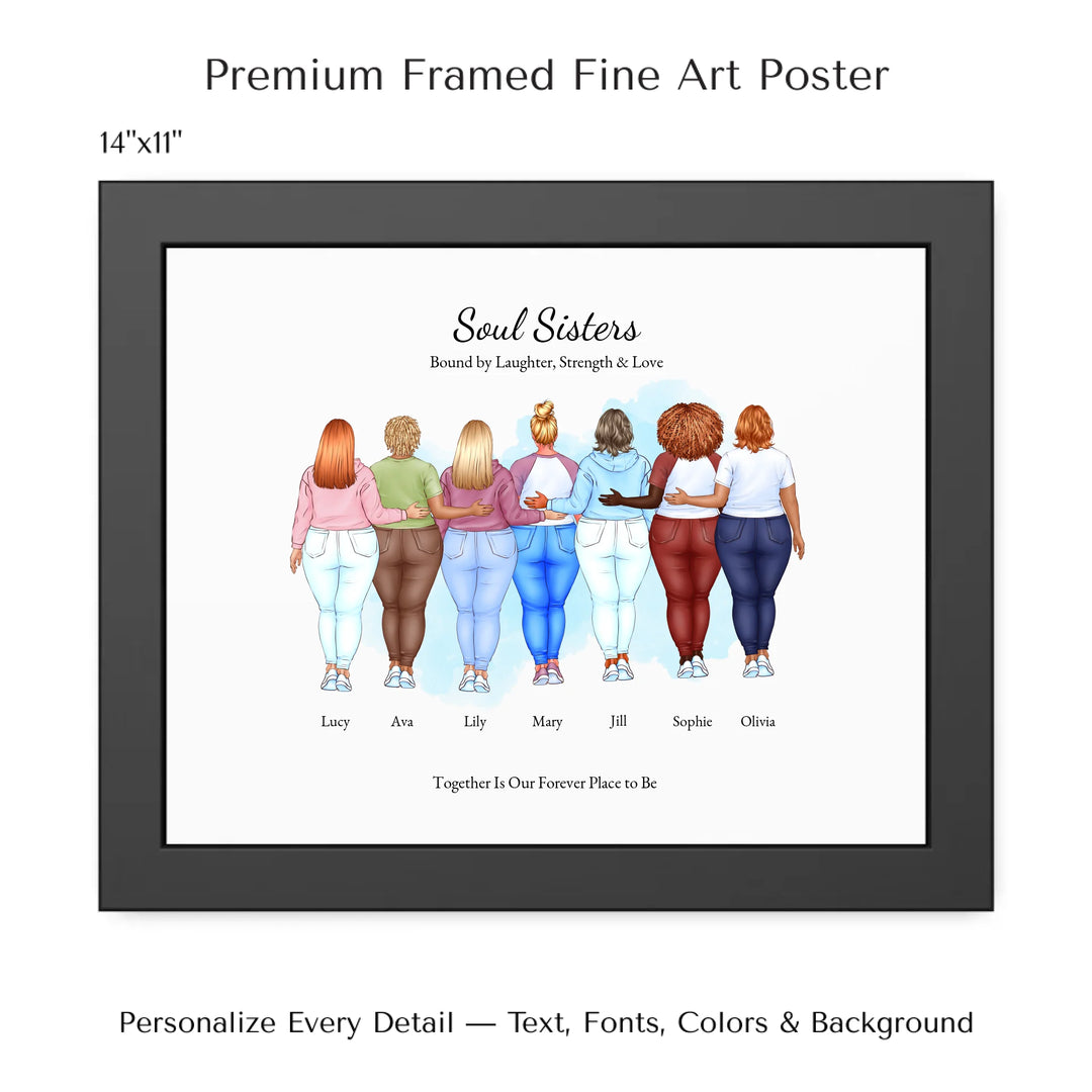 Illustrated custom portrait of friends with 2 to 7 women, personalized skin tones, hairstyles, outfits, watercolor background –14x11 framed poster-ARTFULANE