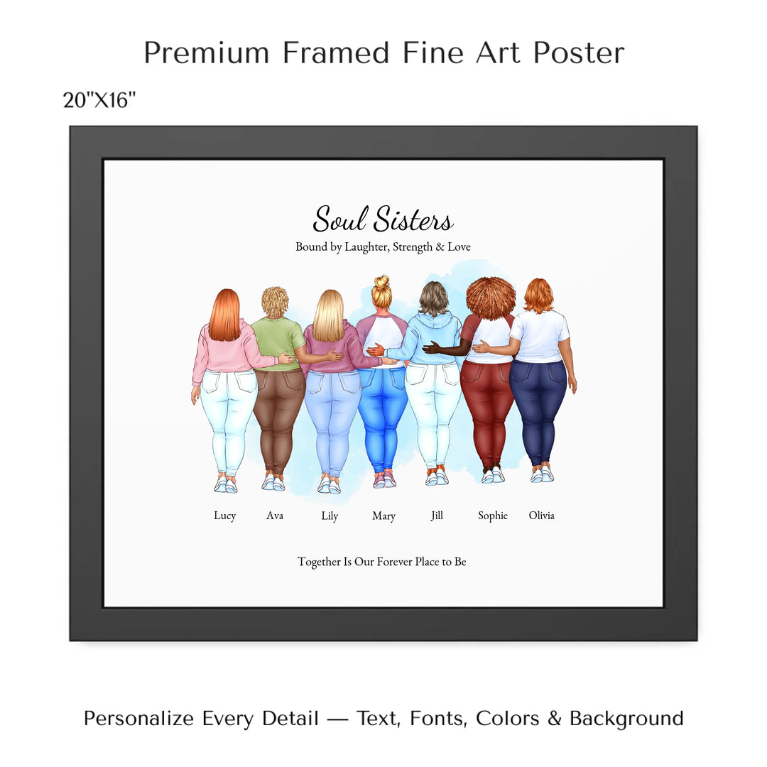 Illustrated custom portrait of friends with 2 to 7 women, personalized skin tones, hairstyles, outfits, watercolor background –20x16 framed poster-ARTFULANE