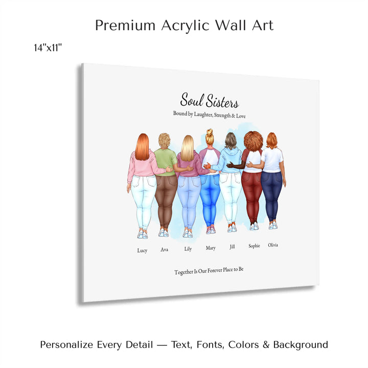 Illustrated custom portrait of friends with 2 to 7 women, personalized skin tones, hairstyles, outfits, watercolor background –14x11 acrylic print with french cleat-ARTFULANE