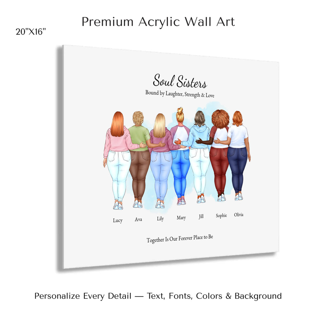 Illustrated custom portrait of friends with 2 to 7 women, personalized skin tones, hairstyles, outfits, watercolor background –20x16 acrylic print with french cleat-ARTFULANE