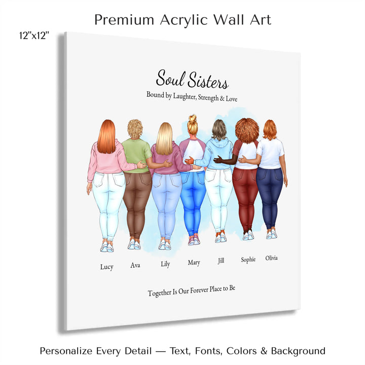 Illustrated custom portrait of friends with 2 to 7 women, personalized skin tones, hairstyles, outfits, watercolor background –12x12 acrylic print with french cleat-ARTFULANE