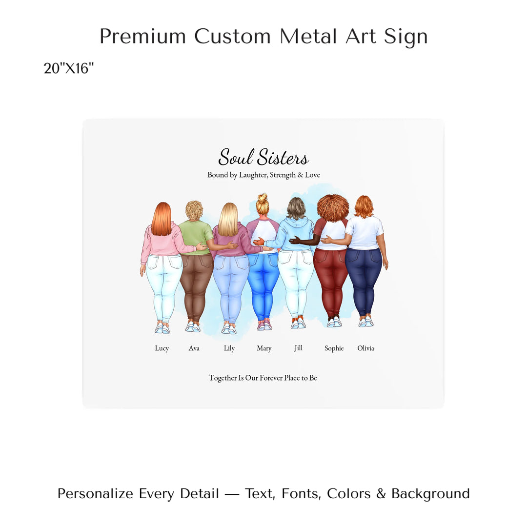 Illustrated custom portrait of friends with 2 to 7 women, personalized skin tones, hairstyles, outfits, watercolor background –20x16 metal art sign-ARTFULANE