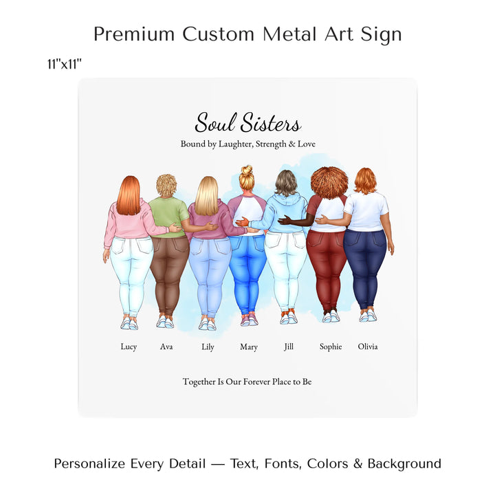 Illustrated custom portrait of friends with 2 to 7 women, personalized skin tones, hairstyles, outfits, watercolor background –11x11 metal art sign-ARTFULANE
