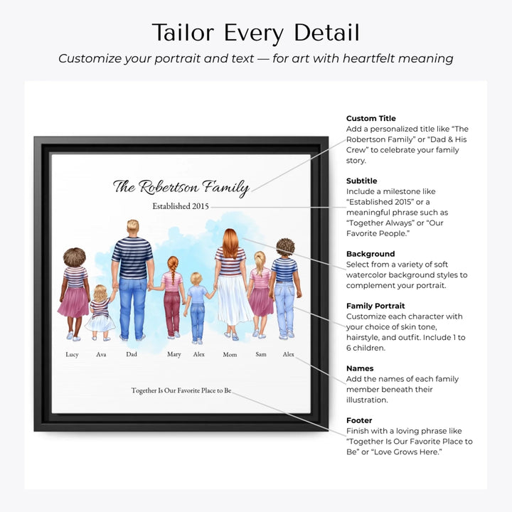 Illustrated standing family portrait with 1 to 6 children, customized skin tones, outfits, and names, on a watercolor background - Customization Options-ARTFULANE