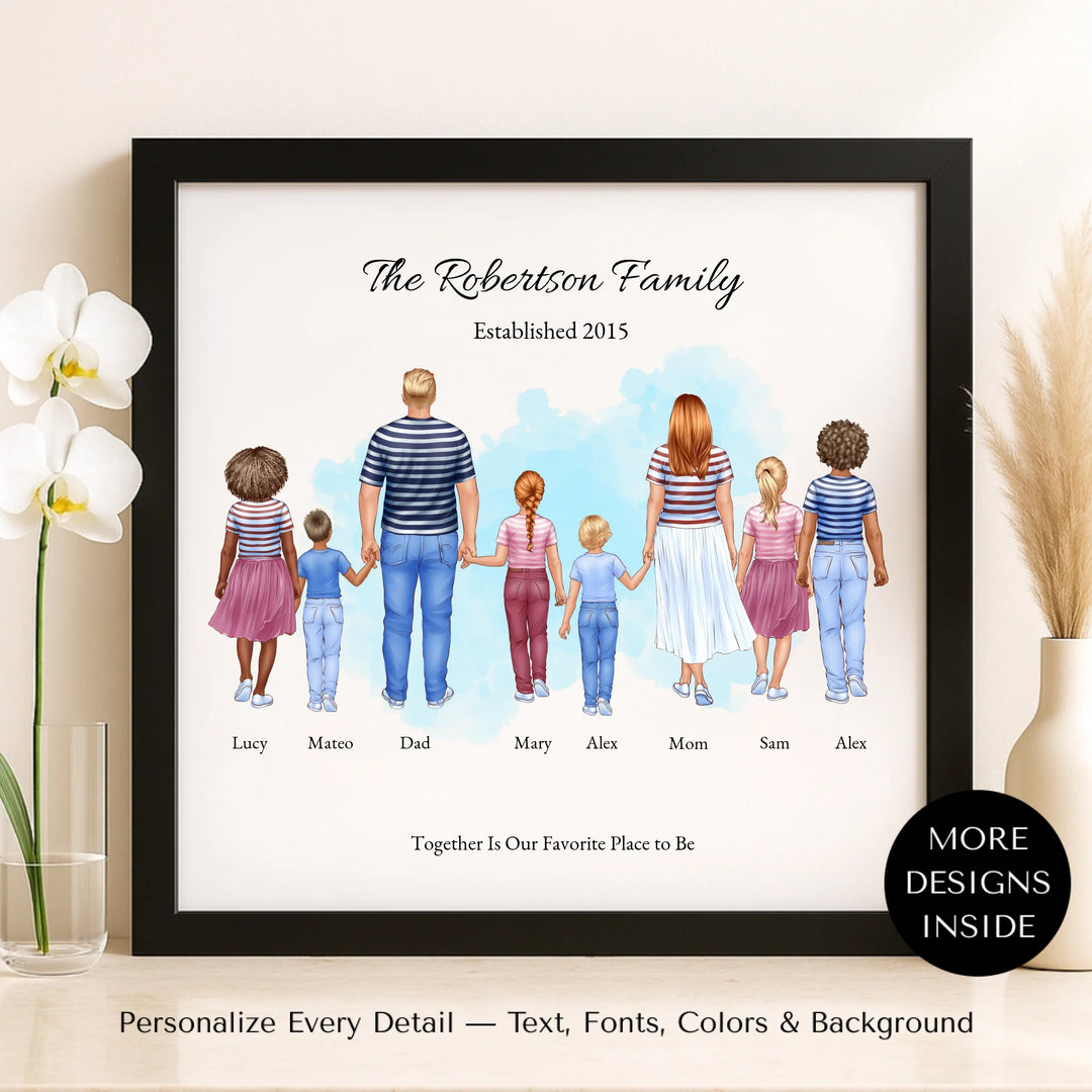 Illustrated standing family portrait with 1 to 6 children, customized skin tones, outfits, and names, on a watercolor background -   framed canvas on shelf-ARTFULANE