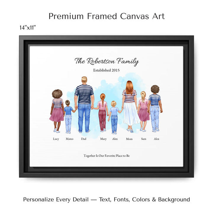 Illustrated standing family portrait with 1 to 6 children, customized skin tones, outfits, and names, on a watercolor background -14x11 framed canvas-ARTFULANE