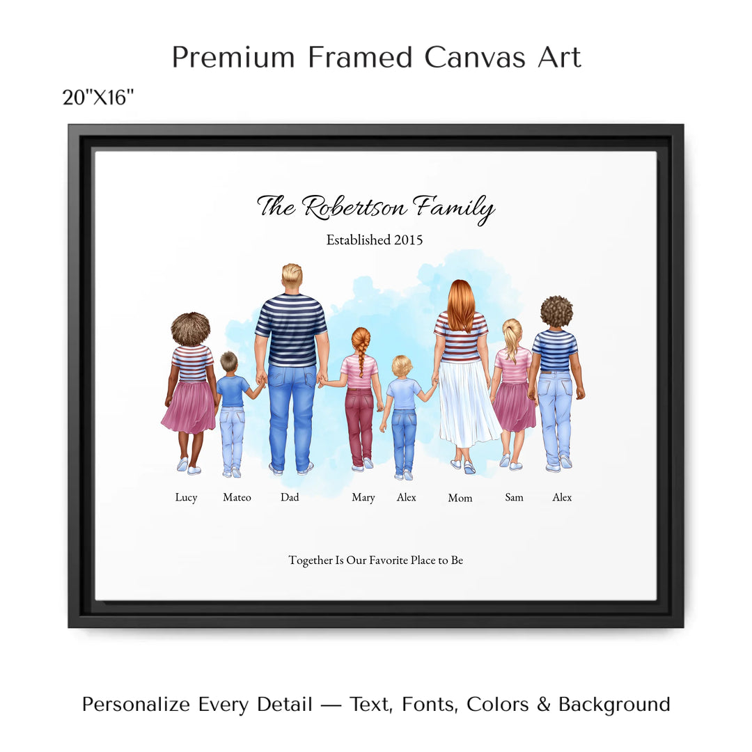 Illustrated standing family portrait with 1 to 6 children, customized skin tones, outfits, and names, on a watercolor background -20x16 framed canvas-ARTFULANE