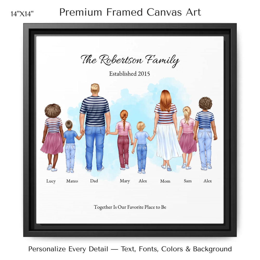 Illustrated standing family portrait with 1 to 6 children, customized skin tones, outfits, and names, on a watercolor background -14x14 framed canvas-ARTFULANE