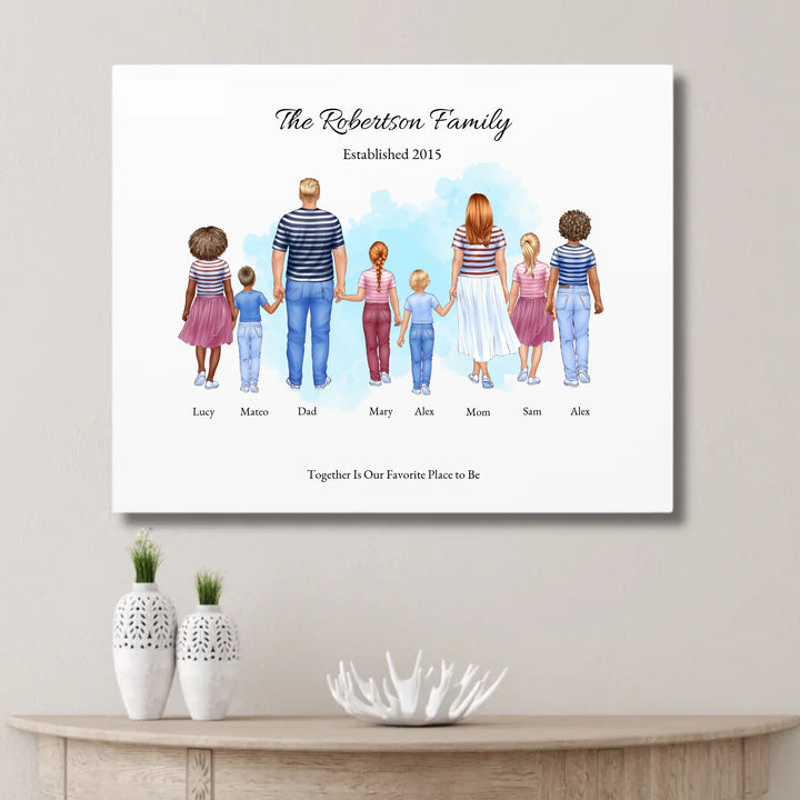 Illustrated standing family portrait with 1 to 6 children, customized skin tones, outfits, and names, on a watercolor background -unframed canvas on wall-ARTFULANE