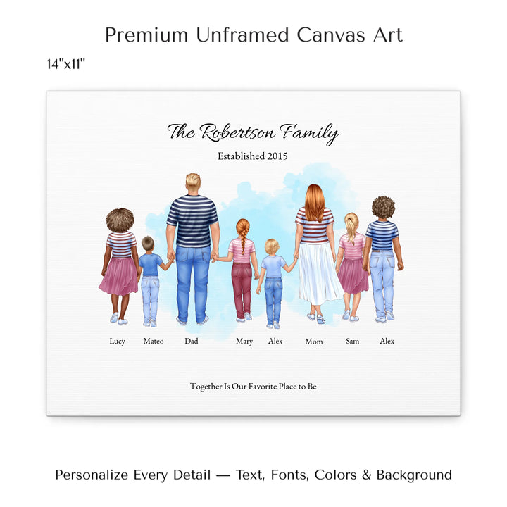 Illustrated standing family portrait with 1 to 6 children, customized skin tones, outfits, and names, on a watercolor background -14x11 stretched canvas-ARTFULANE