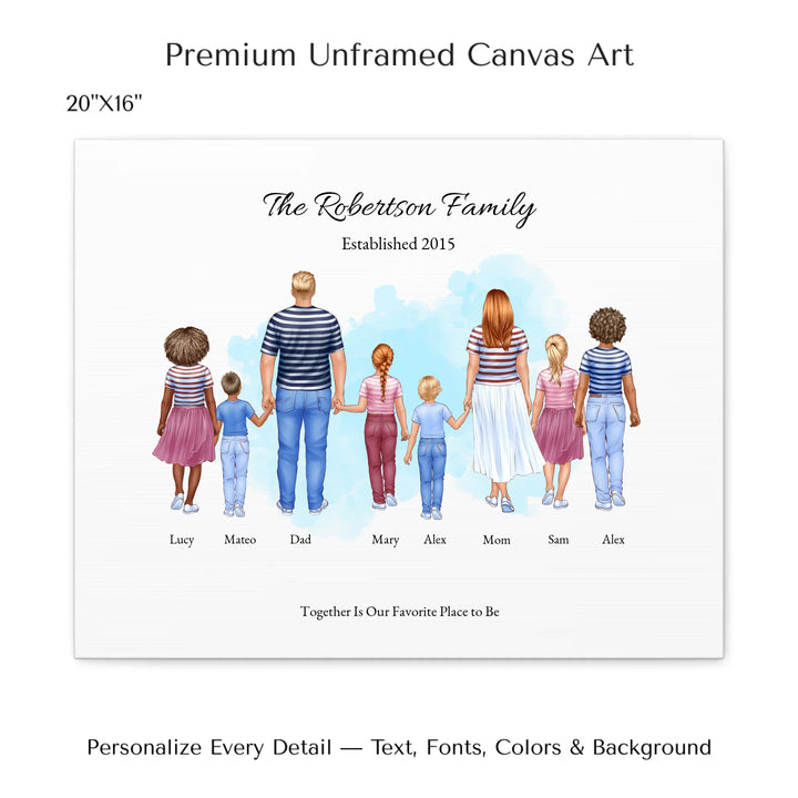 Illustrated standing family portrait with 1 to 6 children, customized skin tones, outfits, and names, on a watercolor background -20x16 stretched canvas-ARTFULANE