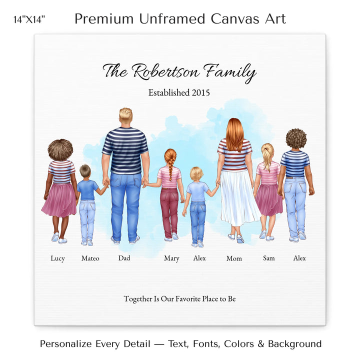 Illustrated standing family portrait with 1 to 6 children, customized skin tones, outfits, and names, on a watercolor background -14x14 stretched canvas-ARTFULANE
