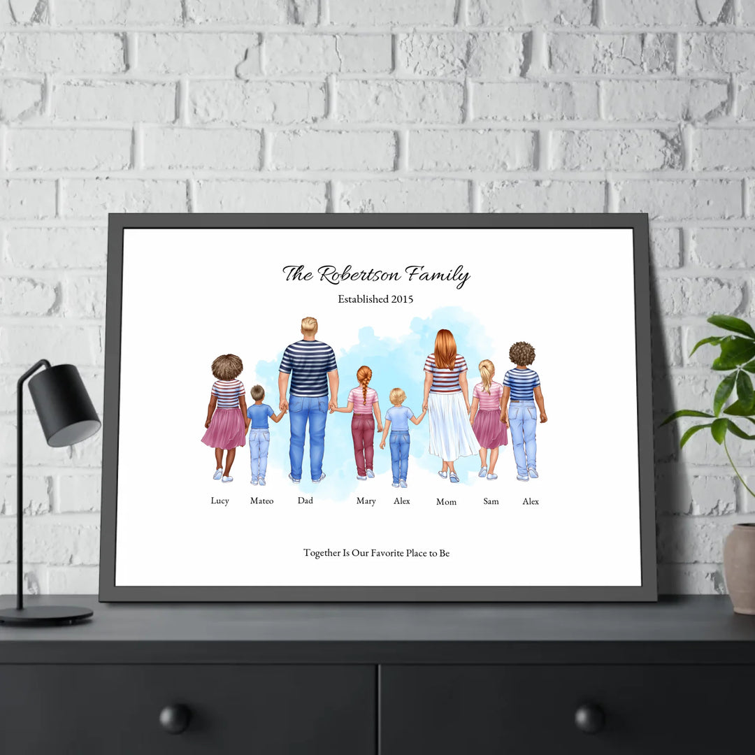 Illustrated standing family portrait with 1 to 6 children, customized skin tones, outfits, and names, on a watercolor background -framed poster on table-ARTFULANE