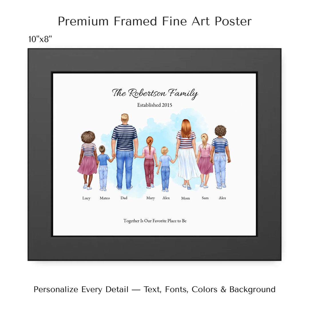 Illustrated standing family portrait with 1 to 6 children, customized skin tones, outfits, and names, on a watercolor background -10x8 framed poster-ARTFULANE