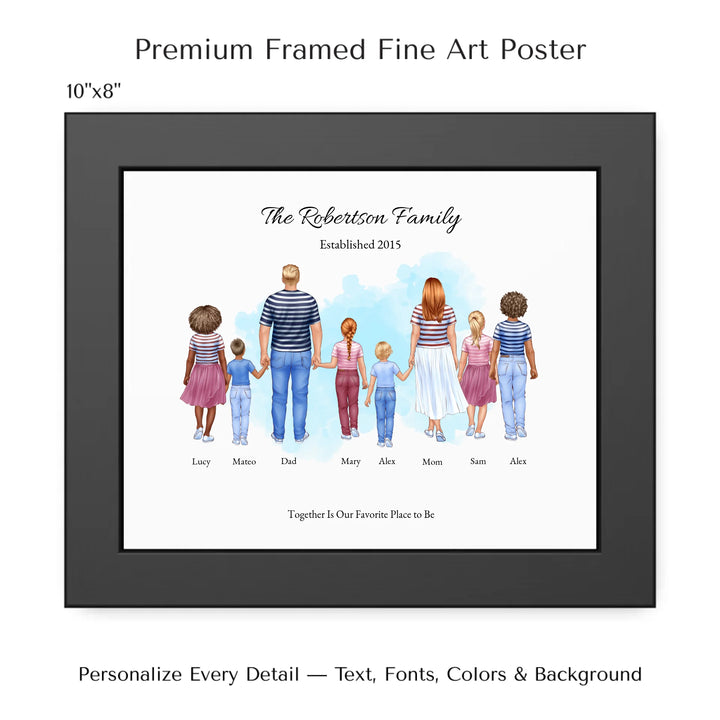 Illustrated standing family portrait with 1 to 6 children, customized skin tones, outfits, and names, on a watercolor background -10x8 framed poster-ARTFULANE