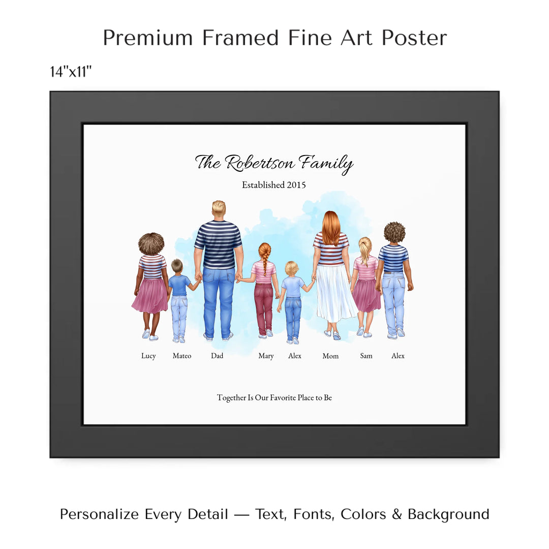 Illustrated standing family portrait with 1 to 6 children, customized skin tones, outfits, and names, on a watercolor background -14x11 framed poster-ARTFULANE