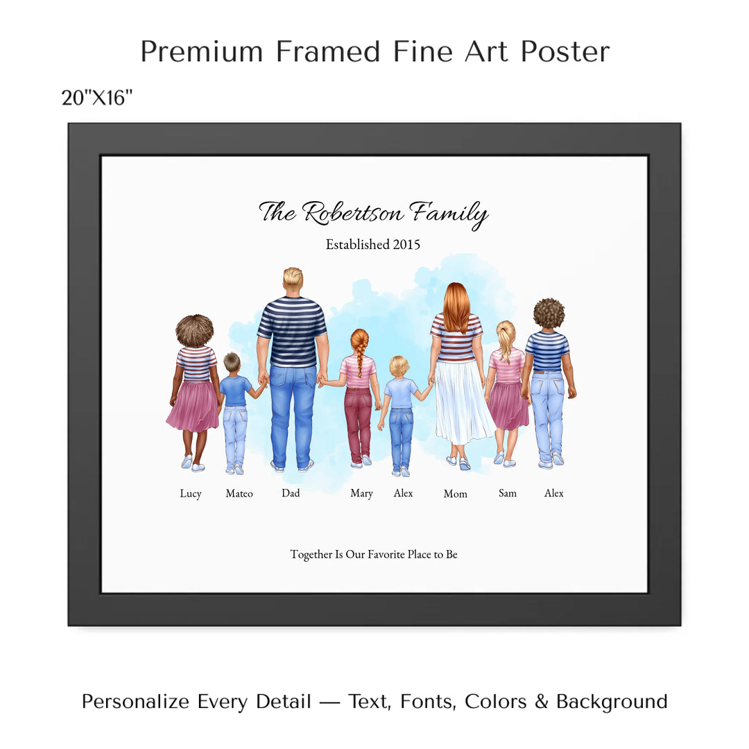 Illustrated standing family portrait with 1 to 6 children, customized skin tones, outfits, and names, on a watercolor background -20x16 framed poster-ARTFULANE