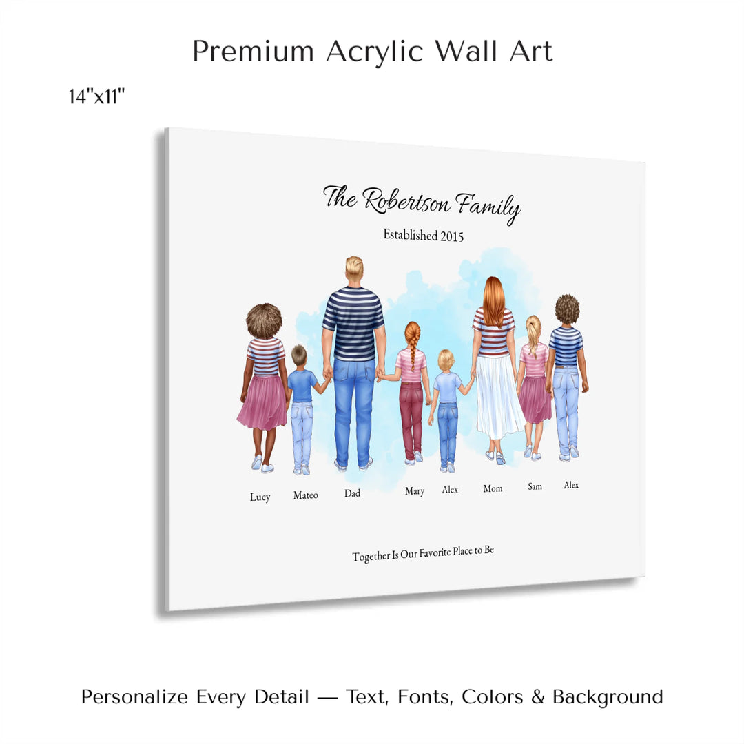 Illustrated standing family portrait with 1 to 6 children, customized skin tones, outfits, and names, on a watercolor background -–14x11 acrylic print with french cleat-ARTFULANE