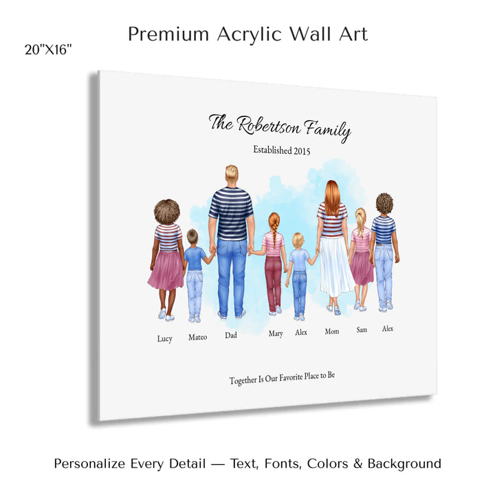 Illustrated standing family portrait with 1 to 6 children, customized skin tones, outfits, and names, on a watercolor background -20x16 acrylic print with french cleat-ARTFULANE