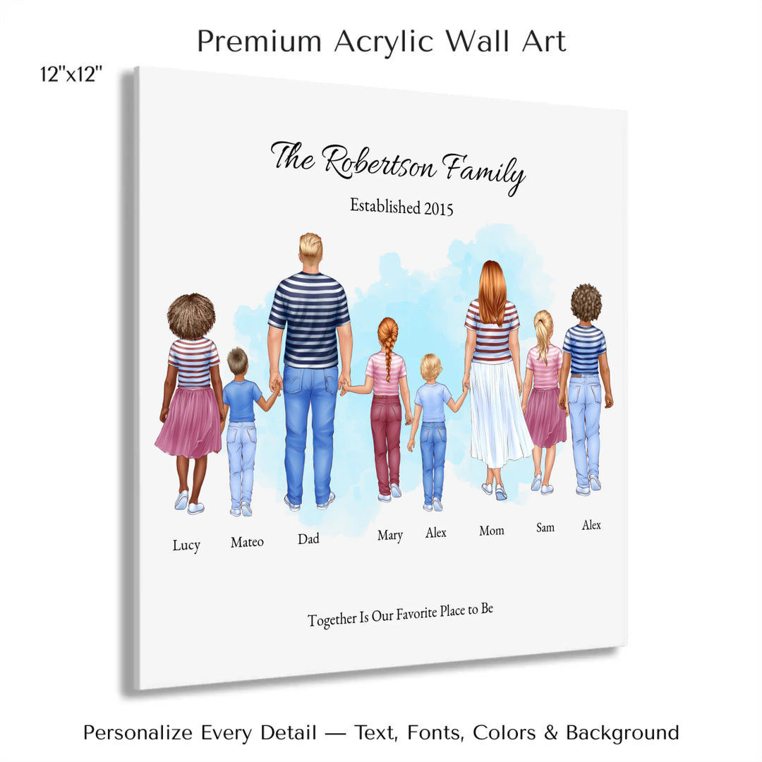Illustrated standing family portrait with 1 to 6 children, customized skin tones, outfits, and names, on a watercolor background -12x12 acrylic print with french cleat-ARTFULANE