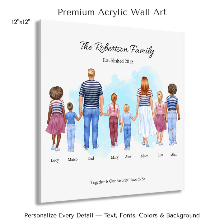 Illustrated standing family portrait with 1 to 6 children, customized skin tones, outfits, and names, on a watercolor background -12x12 acrylic print with french cleat-ARTFULANE