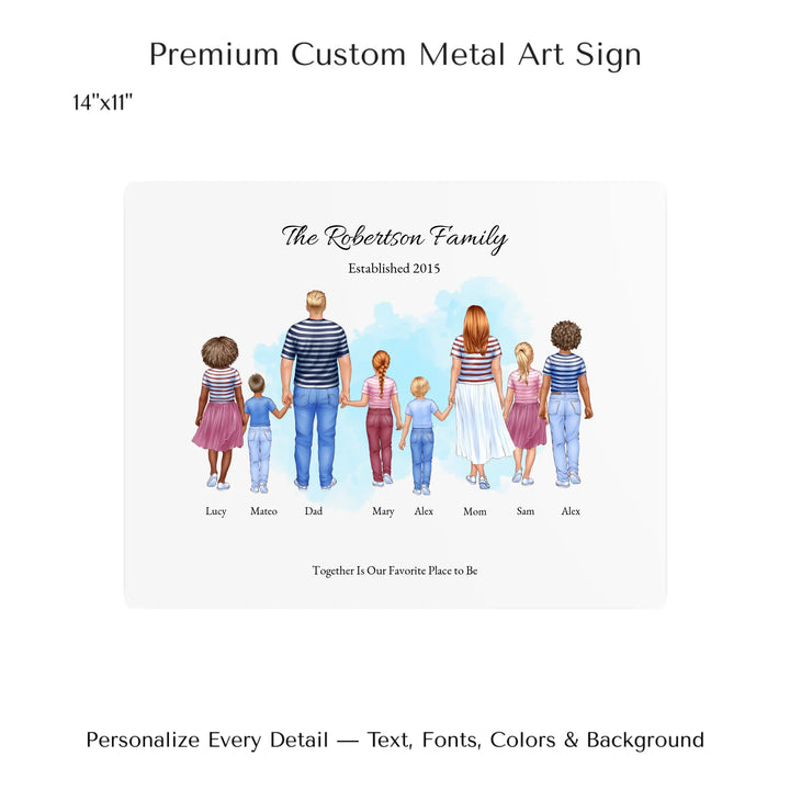 Illustrated standing family portrait with 1 to 6 children, customized skin tones, outfits, and names, on a watercolor background - 14x11 metal art sign-ARTFULANE