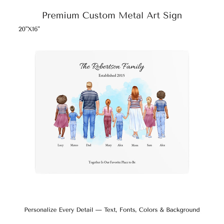 Illustrated standing family portrait with 1 to 6 children, customized skin tones, outfits, and names, on a watercolor background -20x16 metal art sign-ARTFULANE