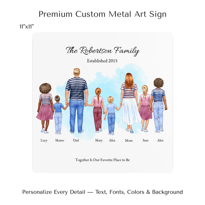 Illustrated standing family portrait with 1 to 6 children, customized skin tones, outfits, and names, on a watercolor background -11x11 metal art sign-ARTFULANE