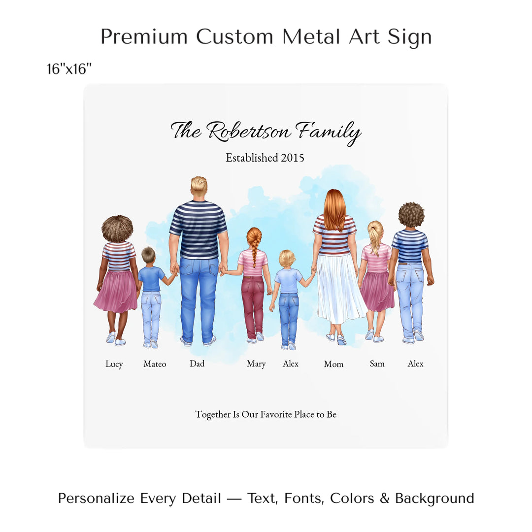 Illustrated standing family portrait with 1 to 6 children, customized skin tones, outfits, and names, on a watercolor background -16x16 metal art sign-ARTFULANE