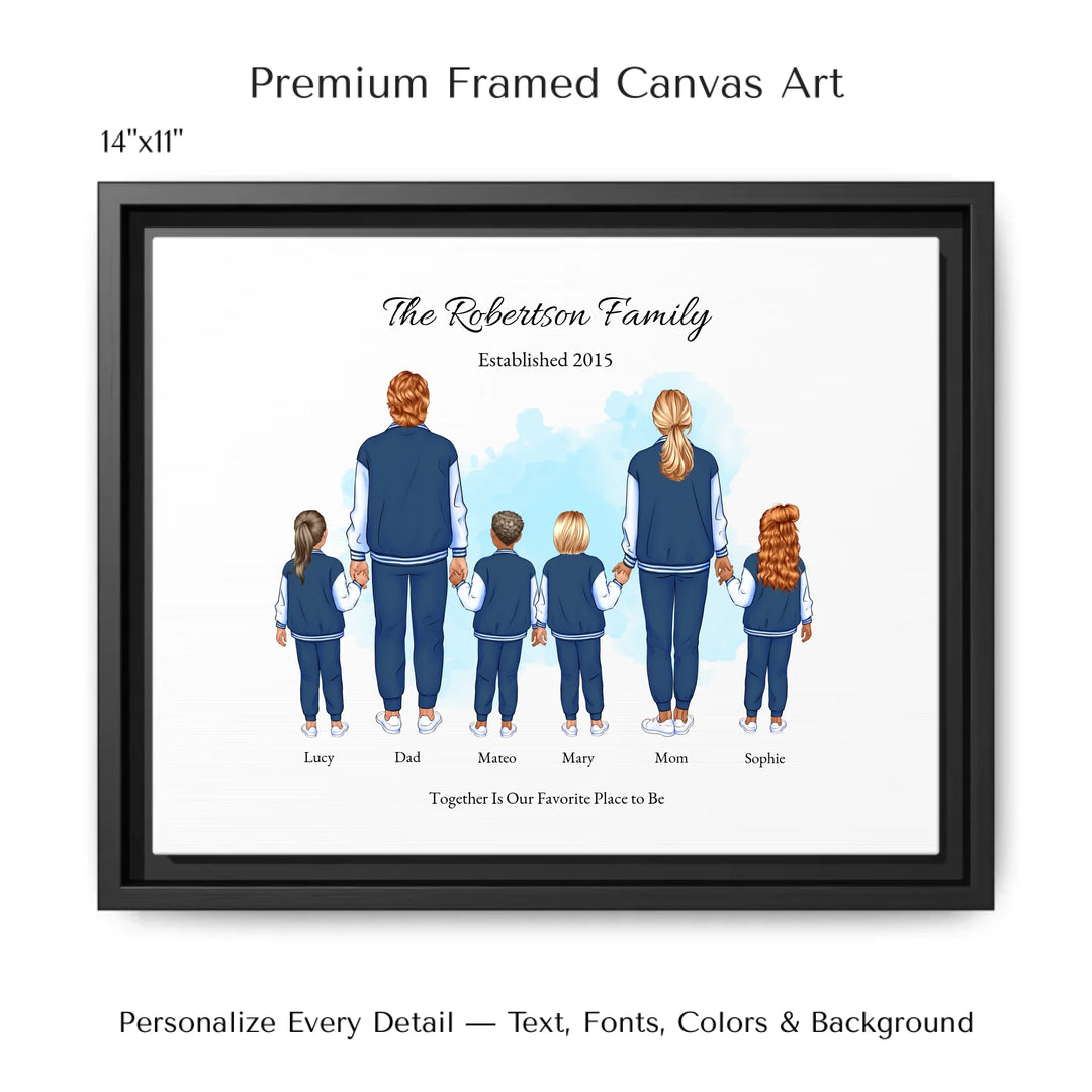 Illustrated custom standing family portrait featuring mom, dad, and 1 to 4 children with personalized outfits, names, and watercolor background -14x11 framed canvas-ARTFULANE