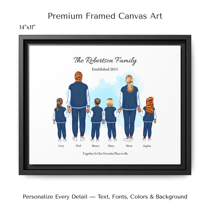 Illustrated custom standing family portrait featuring mom, dad, and 1 to 4 children with personalized outfits, names, and watercolor background -14x11 framed canvas-ARTFULANE