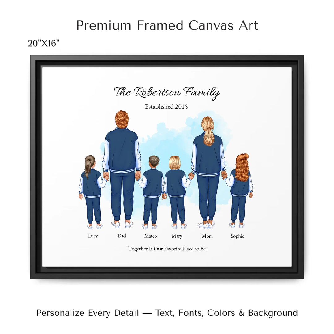 Illustrated standing family portrait with 1 to 4 children, customized skin tones, outfits, and names, on a watercolor background -20x16 framed canvas-ARTFULANE