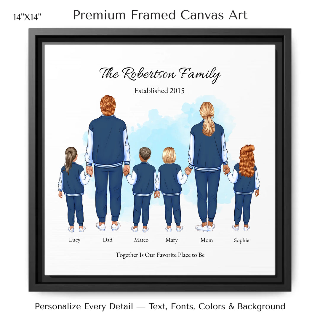 Illustrated standing family portrait with 1 to 4 children, customized skin tones, outfits, and names, on a watercolor background -14x14 framed canvas-ARTFULANE