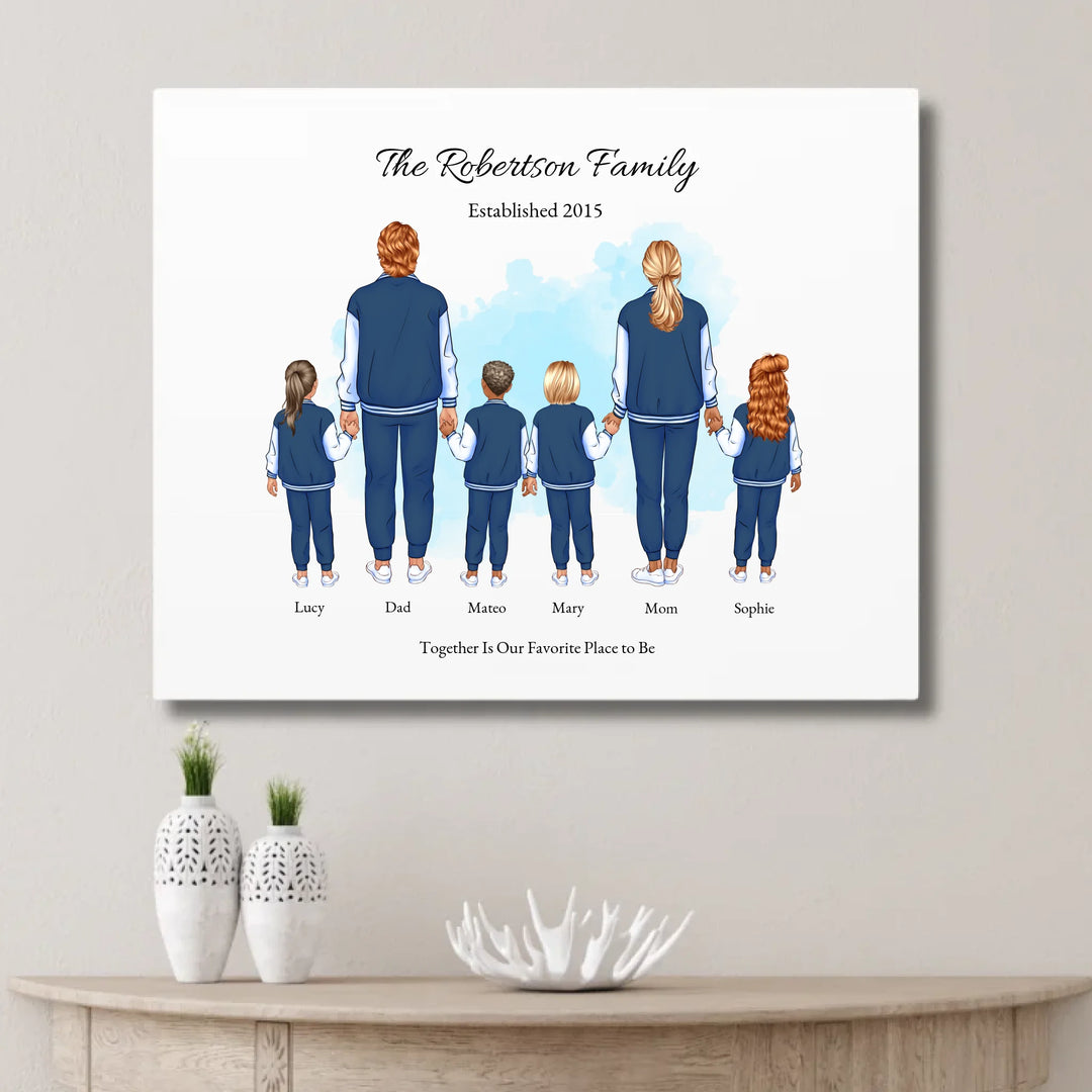 Illustrated standing family portrait with 1 to 4 children, customized skin tones, outfits, and names, on a watercolor background -unframed canvas on wall-ARTFULANE