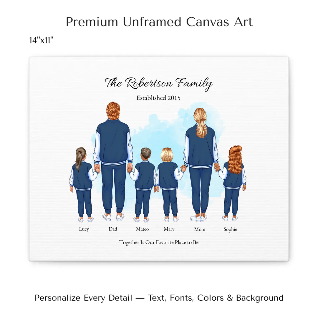 Illustrated standing family portrait with 1 to 4 children, customized skin tones, outfits, and names, on a watercolor background -14x11 stretched canvas-ARTFULANE