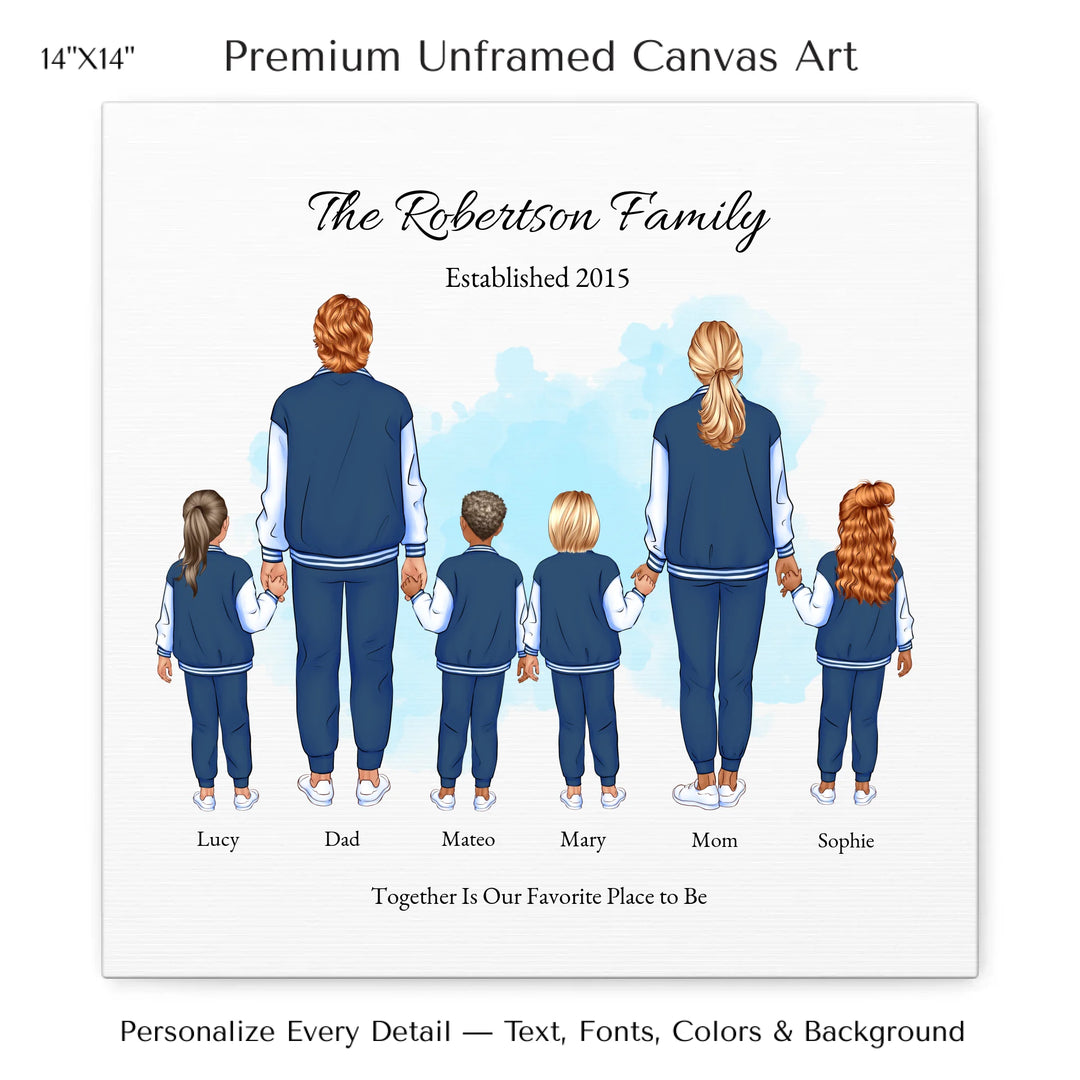 Illustrated standing family portrait with 1 to 4 children, customized skin tones, outfits, and names, on a watercolor background -14x14 stretched canvas-ARTFULANE