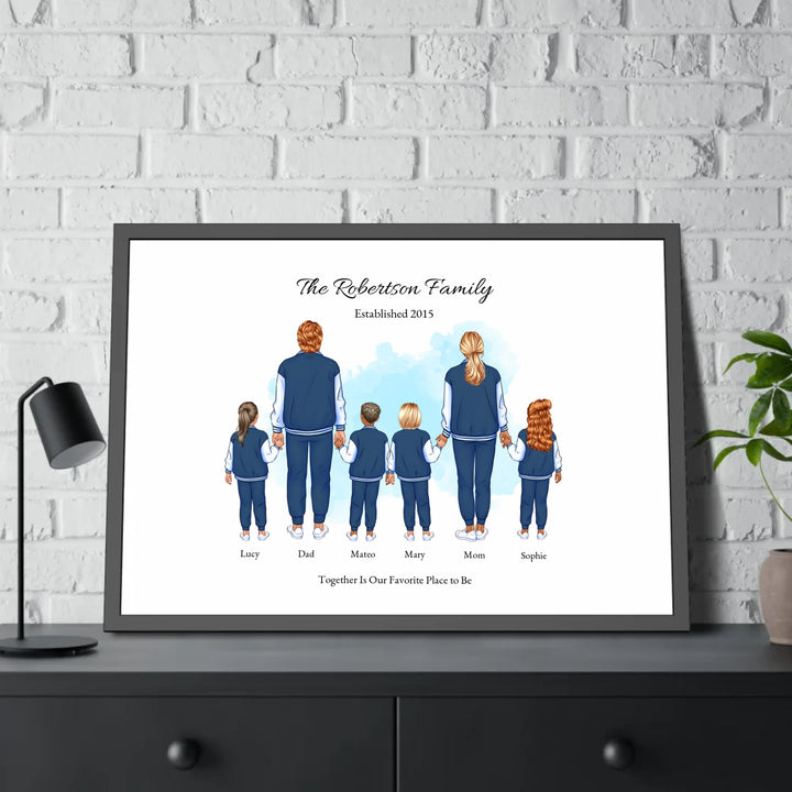 Illustrated standing family portrait with 1 to 4 children, customized skin tones, outfits, and names, on a watercolor background -framed poster on table-ARTFULANE